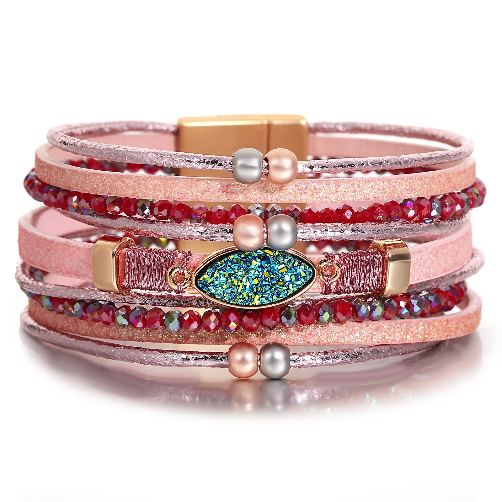 ALLYES Boho Harz Stein Leder Armband für Frauen Bunte Kristall Perlen Kette Multilayer Wrap Armreif Armbänder Schmuck Geschenke
