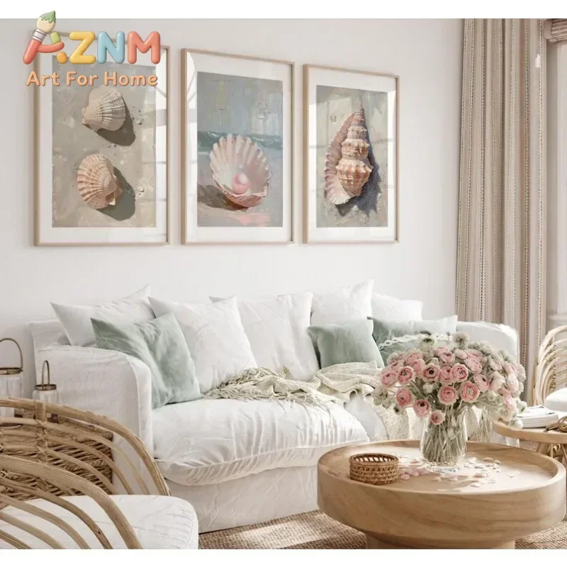 Canvas Painting Pink Pearl Seashell Starfish Coast Beach Poster Girly Summer Trendy Art for Living Room Home Decor Wall Decor