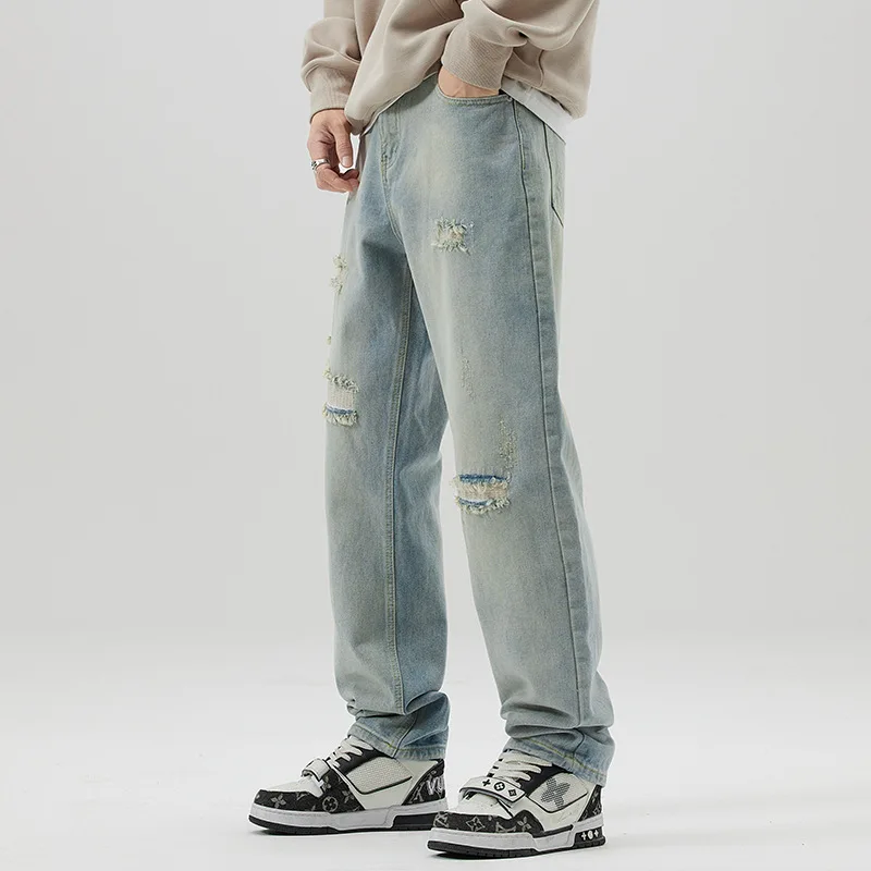 2023 New Distressed Jeans Men's Trend Versatile Autumn Straight Loose Light Pants men clothing  ripped jeans