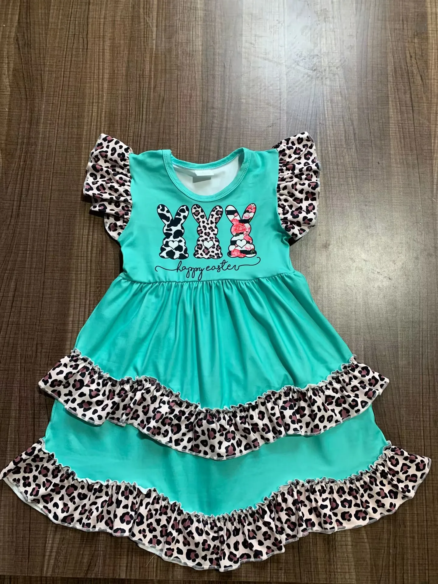 Hot Selling Easter Style Girls  Printed Green Short Sleeve Boutique Dress Wholesale And Retail