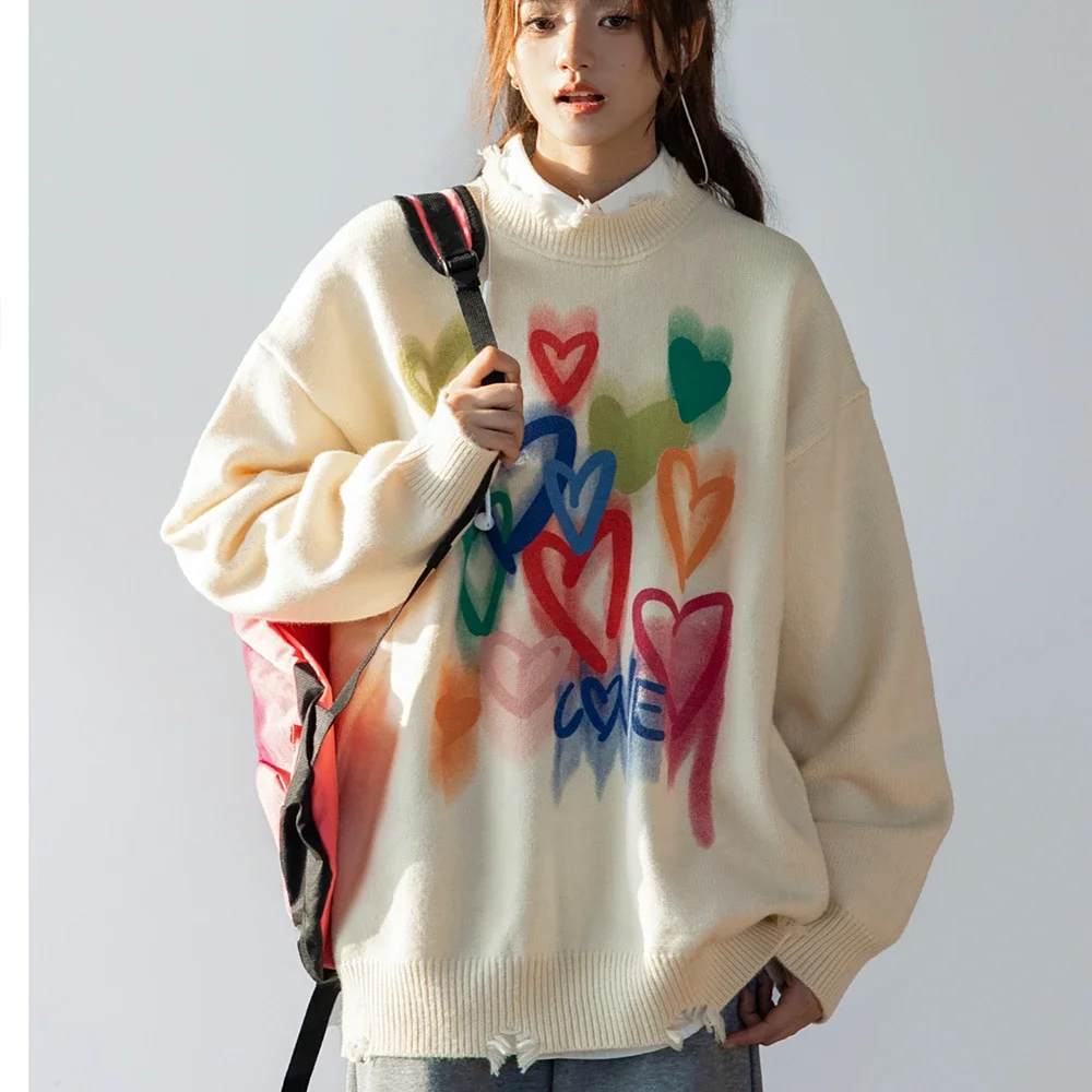 

Harajuku Winter Autumn Women Colorful Love Print O-Neck Long Sleeve Knitted Sweater for Girls Fashion Female Broken Hole Jumpers