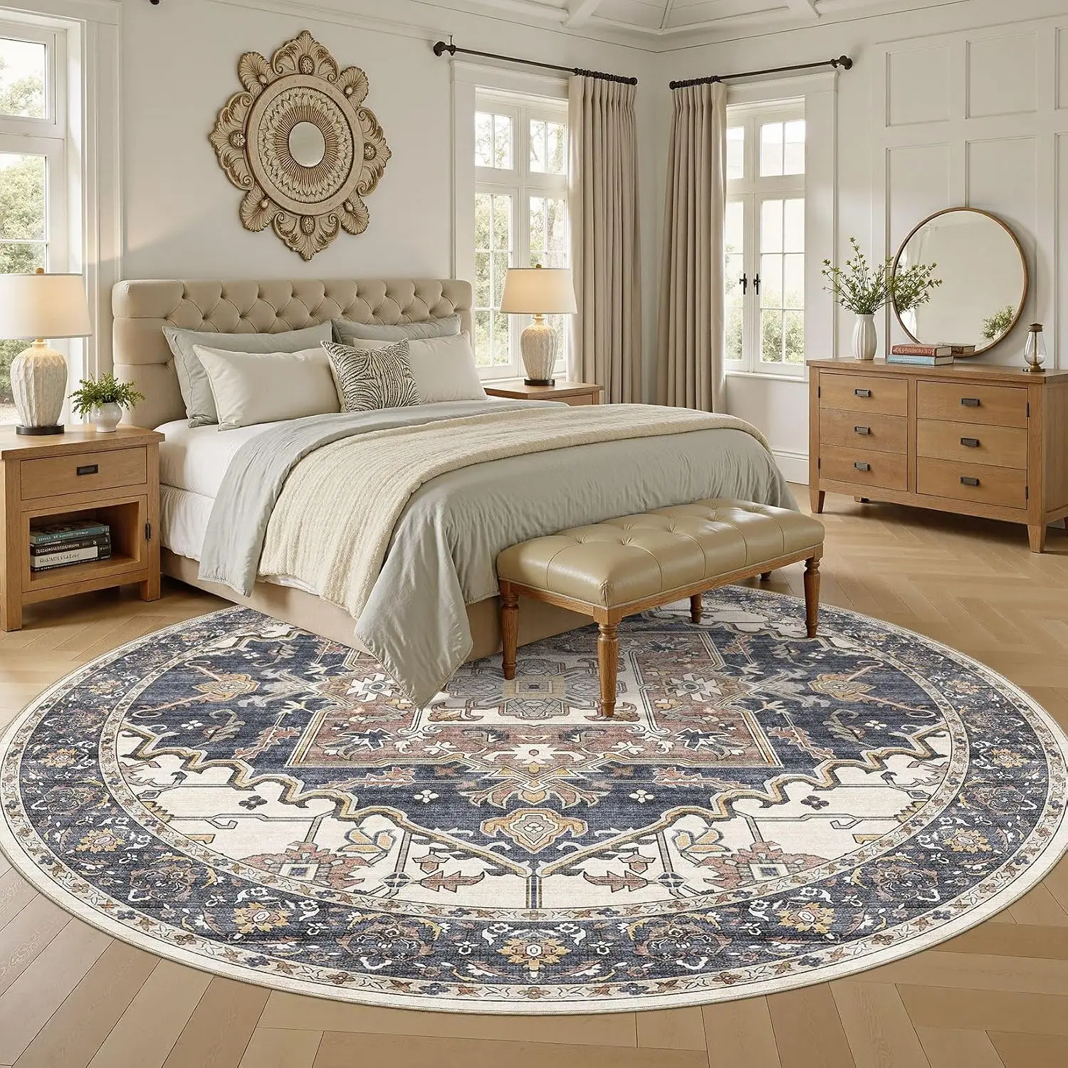 Stylish Large Round Polyester Area Rug Traditional Persian Pattern Oriental Living Room Carpet Decor Synthetic Fiber Floor Mat A