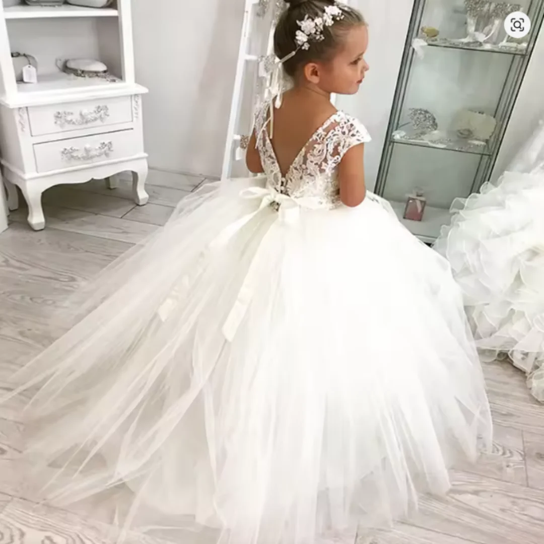 

Платье принцессы с цветочным узором на заказ, кружевное тюлевое платье без рукавов, торжественное бальное платье, платье для первого причастия для девочек