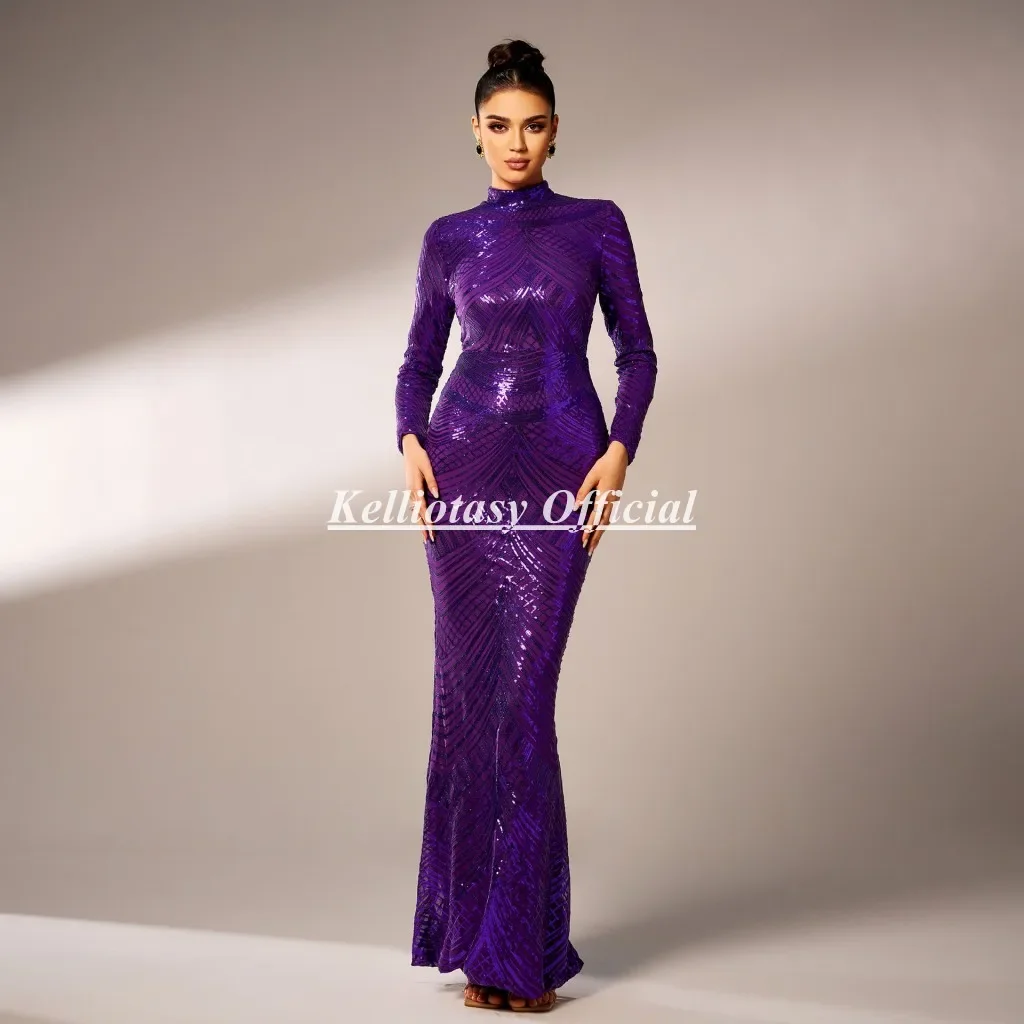 

Customized High Collar Evening Dresses Purple Color Long Sleeves Muslim Luxury Women Evening Party Dress PC002