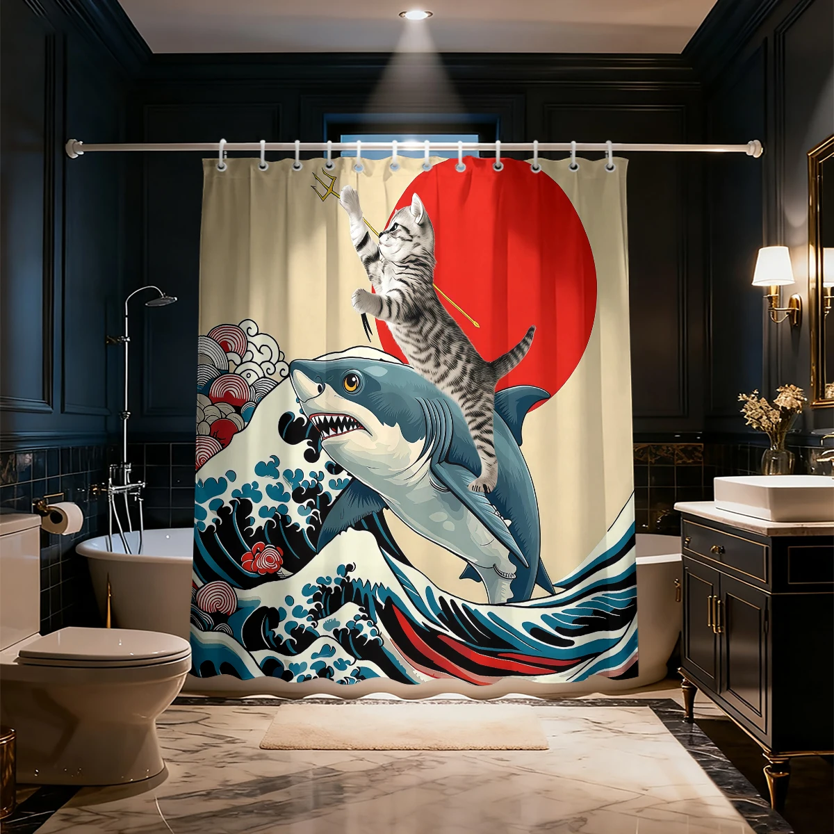 Waterproof Shower Curtain Cool Cat Riding Shark Surfing Wave Funny Ocean Animal Humor Bathroom Decor Bath Curtain