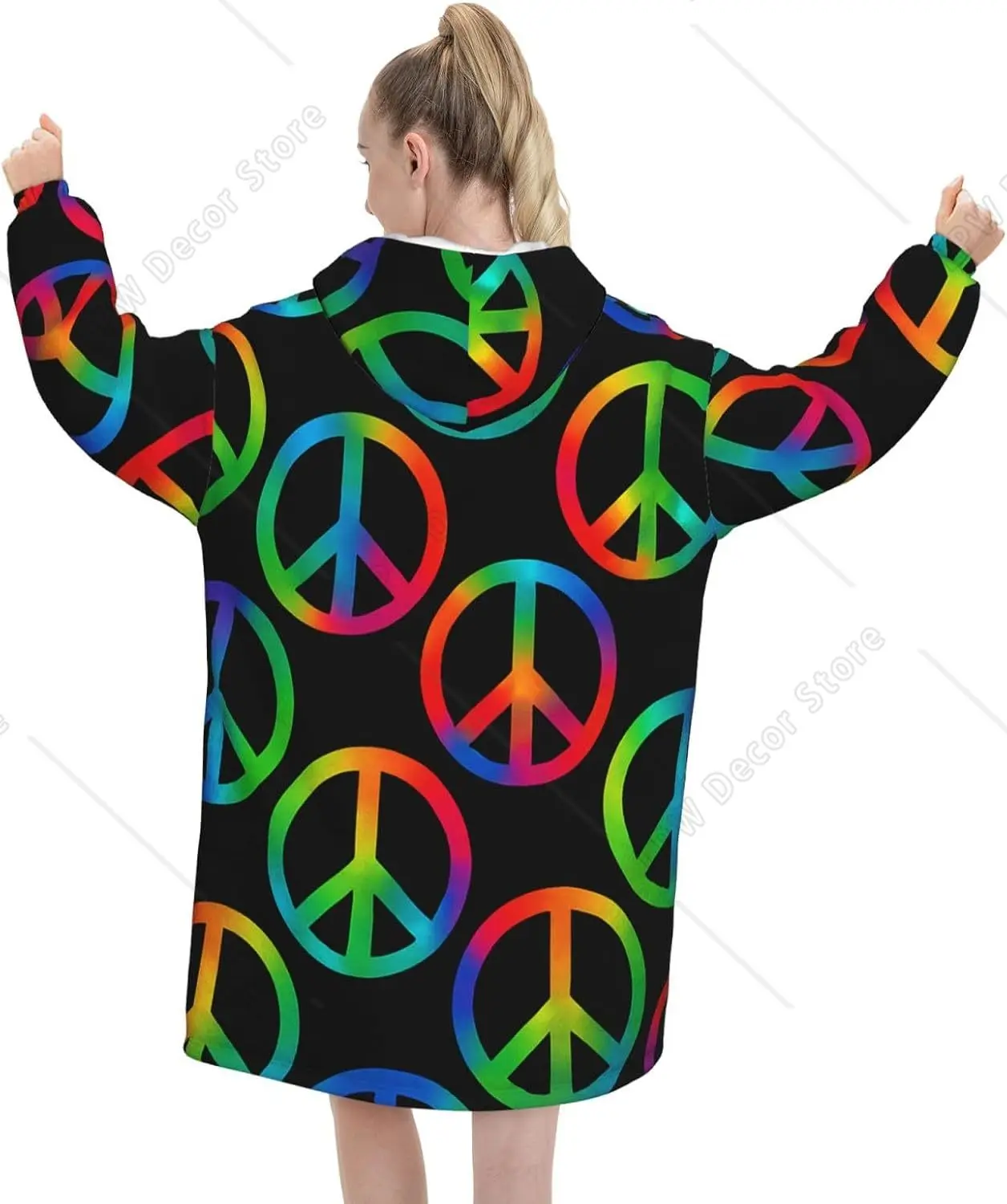 Oversized Adult Long Sleeve Flannel Hoodie Blanket Retro Peace Symbols Soft Fuzzy Hooded Sweatshirt Lounging Pullover