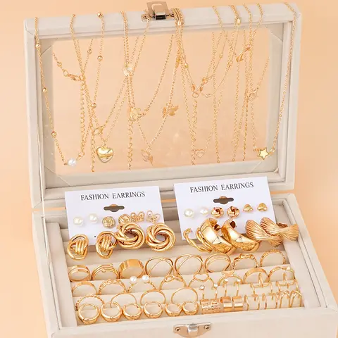 68 Pcs Boho Chic Jewelry Set Vintage Heart Pearl Zircon Butterfly Pendant Earrings Ring Necklace For Women Daily Wear Gifts 2024