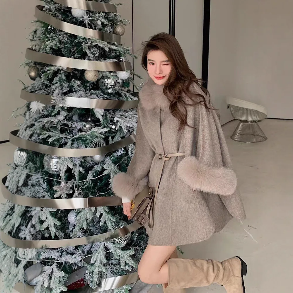 الربيع والخريف جديد الراقية على الوجهين معطف من قماش الكشمير المرأة الثعلب الفراء طوق عباءة شال النسخة الكورية الصوف الفراء سترة