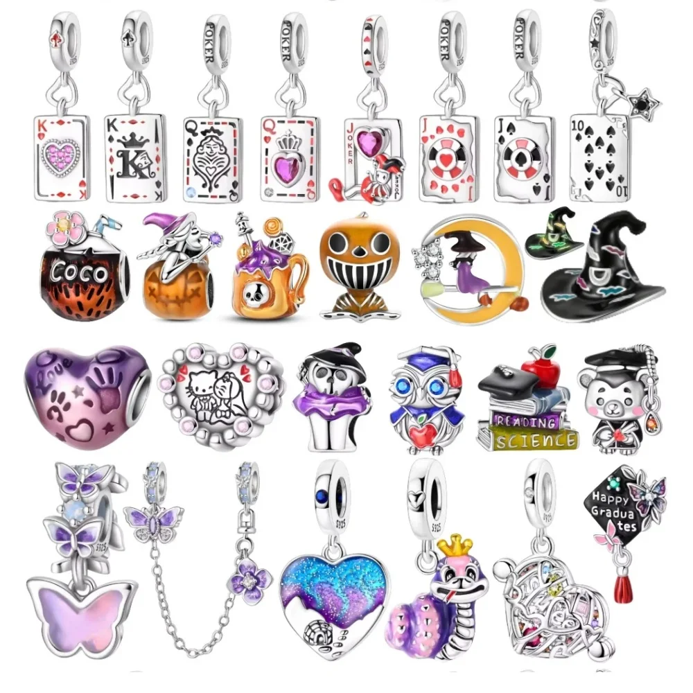 925 Silver Poker Charms Pendant Beads Royal Flush Red Heart 10-A Charm For Original Bracelet Woman Halloween Jewelry Gift