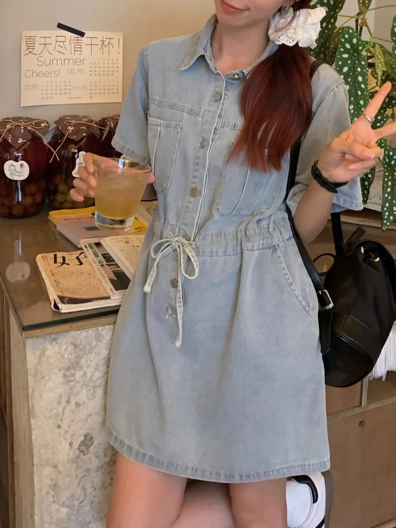 女性用半袖デニムドレス,ラペルカラー,ドローストリング付きチュニック,エレガントなサマードレス,2022