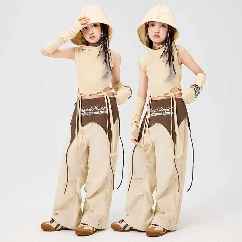 Khaki Hip Hop Clothes Girls Jazz Dance Navel Tops Pants Summer Hooded Street Wear Kpop Hiphop Performance Costume Group BL15942