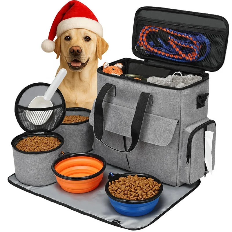 Multi-Functional Dog Travel Tote Bag Portable Pet Supplies Organizer with Removable Divider for Hiking Road Trip