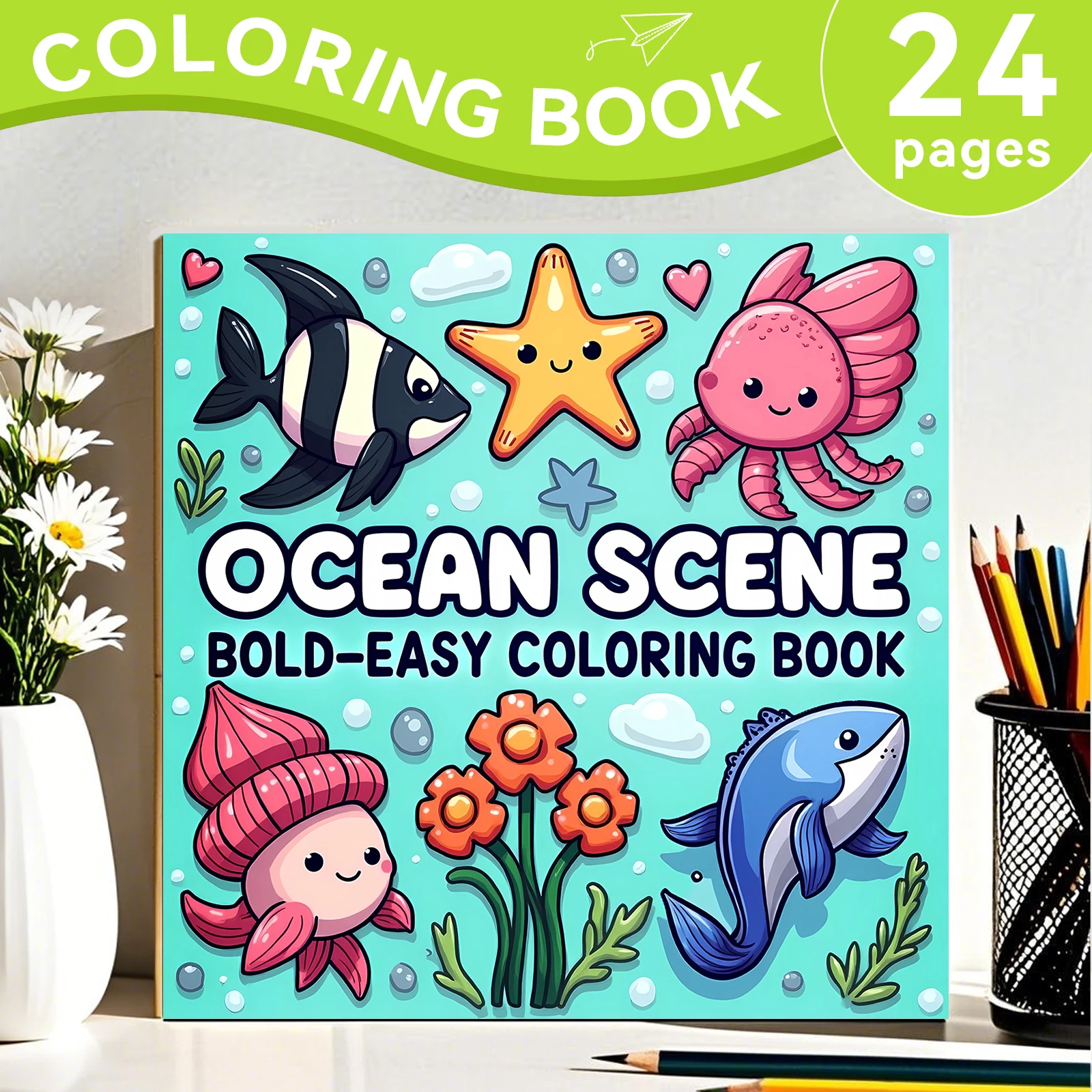 Ocean Scene BOLD-EASY Coloring Book for Adults Teens 24 pages Ocean Creatures Doodles Book -Ideal gift for family or friends