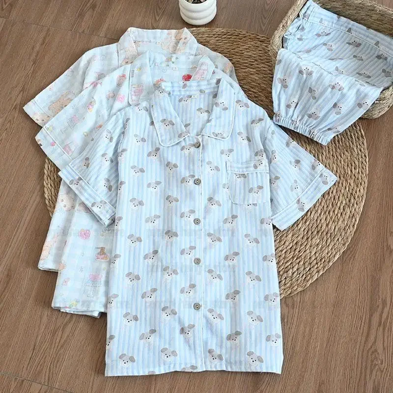 

Женская хлопковая ночная рубашка Kawaii, рубашка с короткими рукавами, шорты, 2 шт., пижамы, дышащая ночная рубашка, нижнее белье, костюм с принтом, пижамы De Mujer