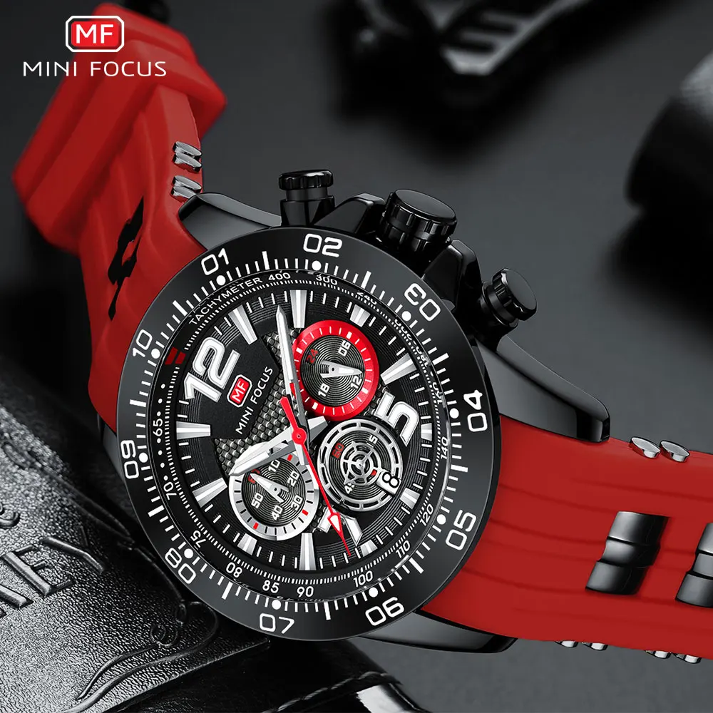 MINI FOCUS Red Sport Watch for Men Dual Time Sport Wristwatch with Silicone Strap 24-Hour Date Luminous Hands Chronograph 0290