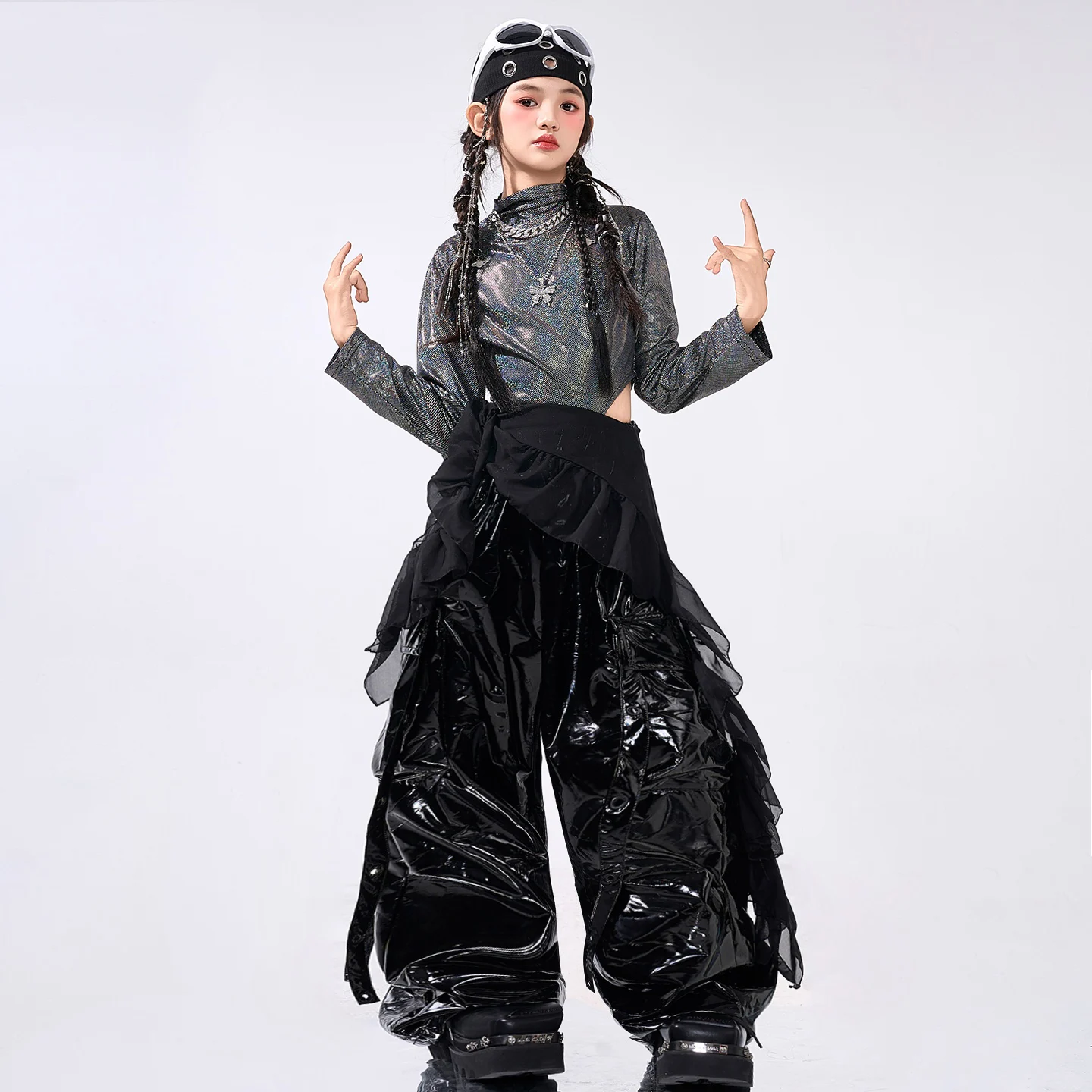 2025 Mädchen Kpop Bühnenoutfits Glänzender Nabel Tops Leder Hip Hop Hosen Jazz Dance Performance Wettbewerb Kleidung Anzug BL17260