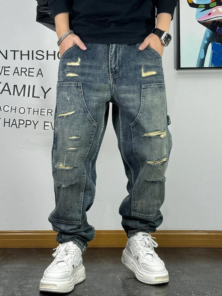 High Quality Ripped Patch Baggy Jeans Korean Fashion Loose Men\'S Clothing Streetwear Denim Cargo Men Pants Harajuku Trousers