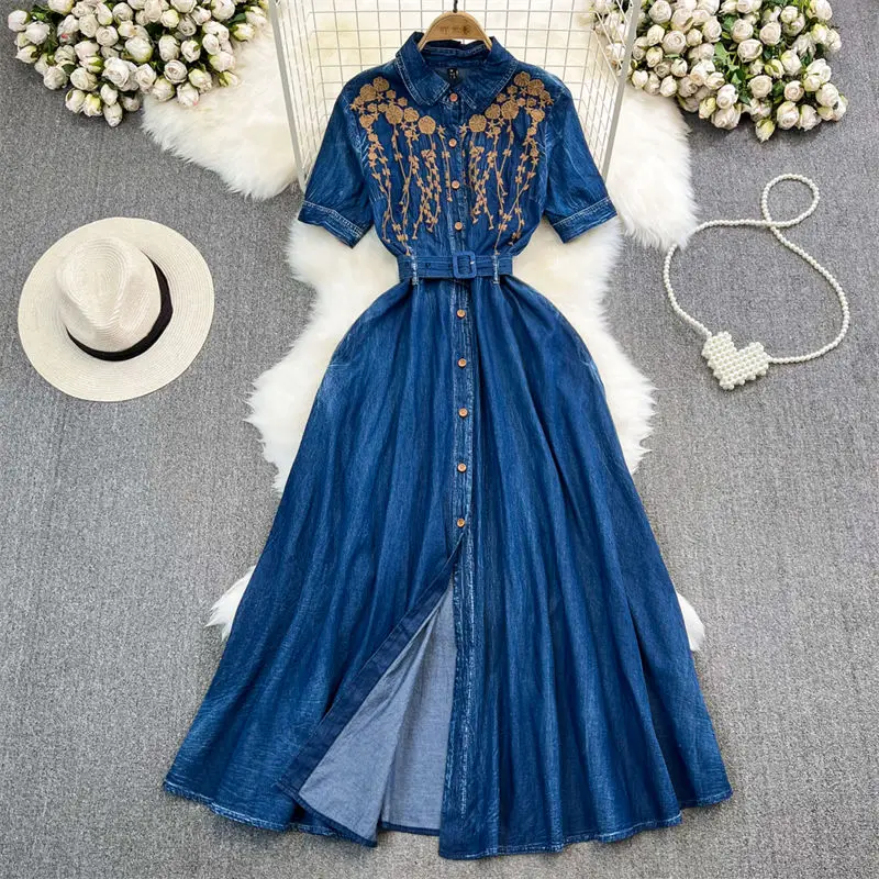 

Summer Light Luxury Short Sleeve Embroidered Jeans Dresses For Women 2023 Slim A-Line Denim Shirt Elegant Long Dress Robe Z2067