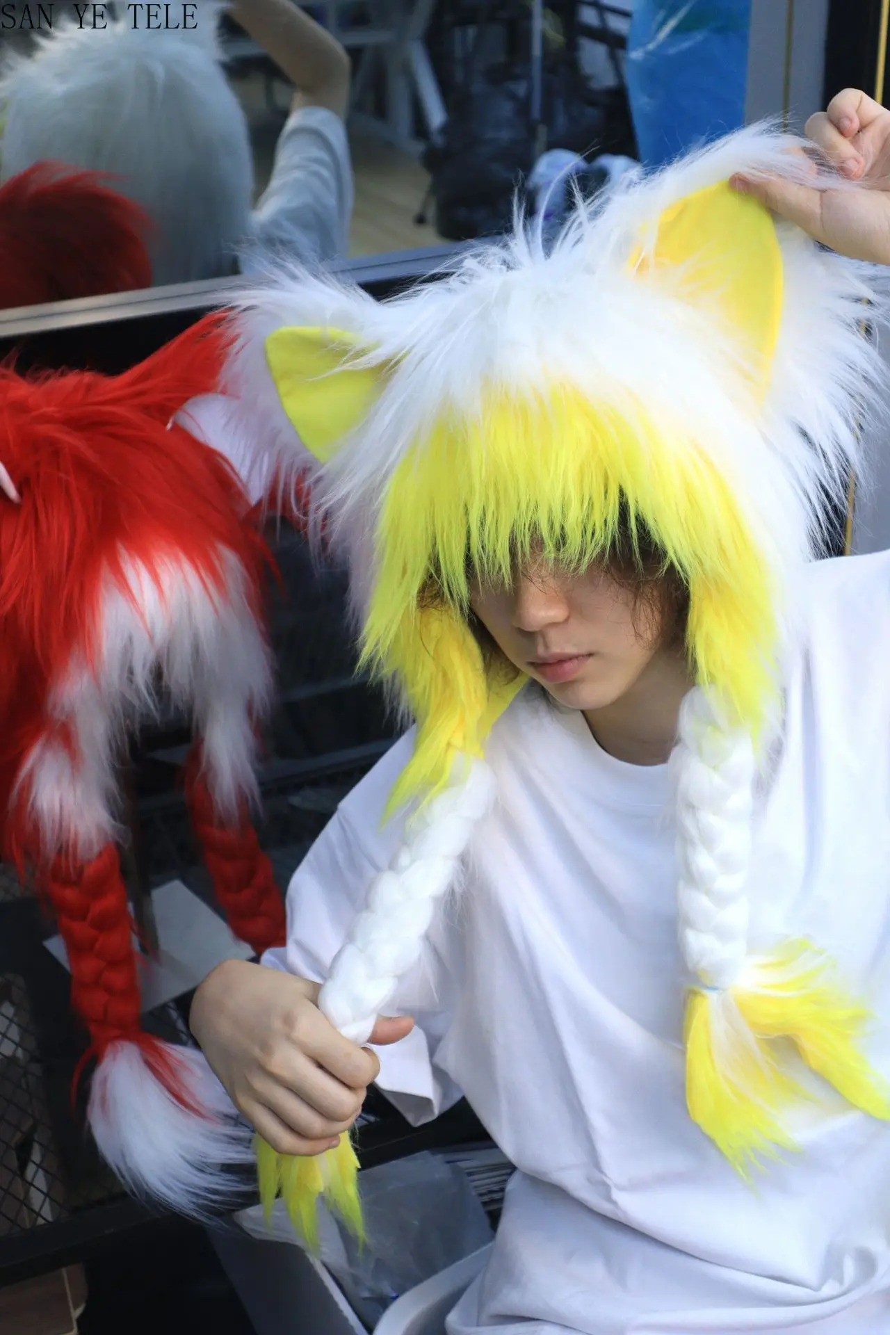 Red Black Cosplay Cat Ear Plush Hat with Braided Warm Fluffy Anime Y2K Subculture Earmuffs Headwear Anime Accessory Hat