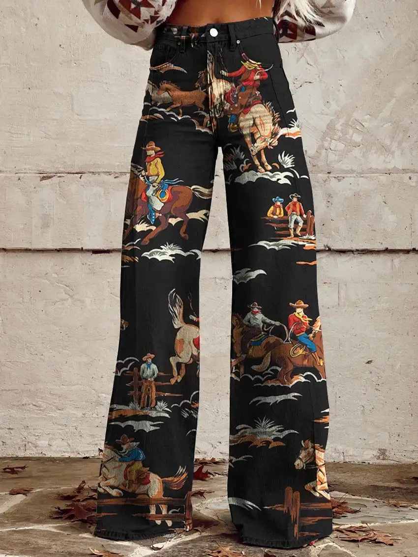 Fashionable Mural Women's Jeans Korean Style Elegant High Waisted Wide Leg Pants Loose Full Women's Casual S-XL Pants