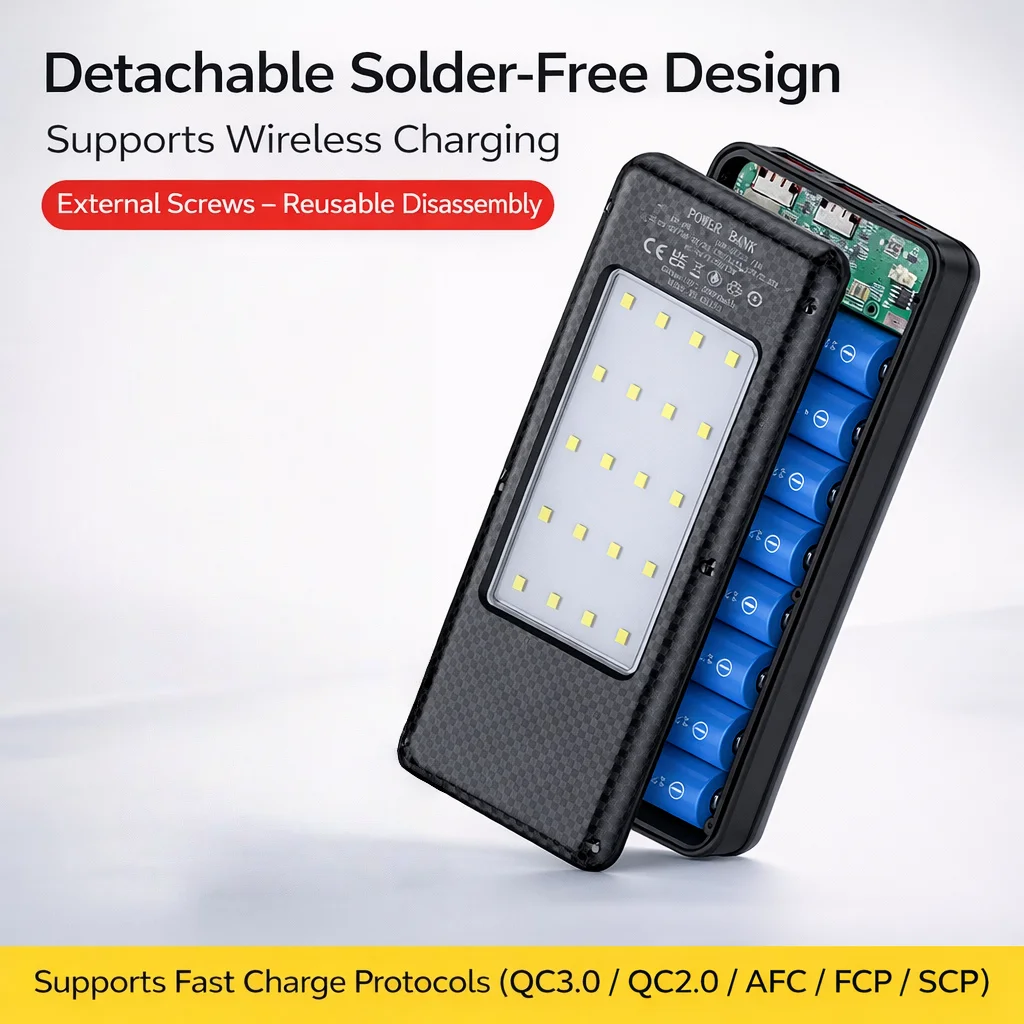 8×18650 DIY Power Bank Case 22.5W QC3.0 Fast Charge 15W Wireless Charging LED Flashlight Battery Box No Battery