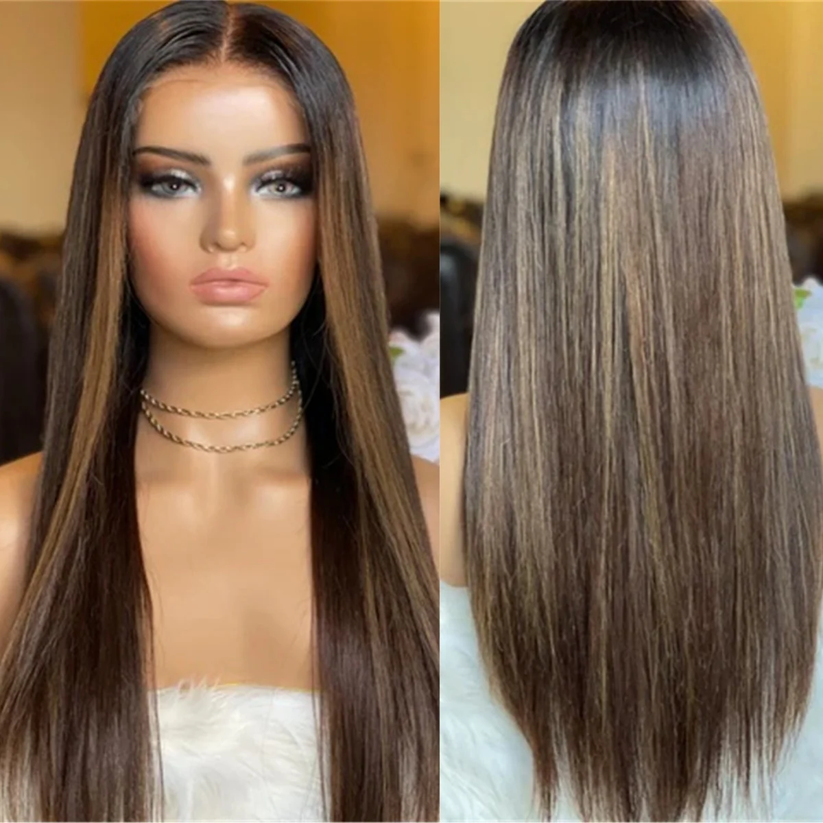 

Синтетический парик с кружевной передней частью 13x4, омбре-коричневый, с естественной реалистичной линией роста волос, 180% плотность, натуральные прямые волосы, 22 дюйма