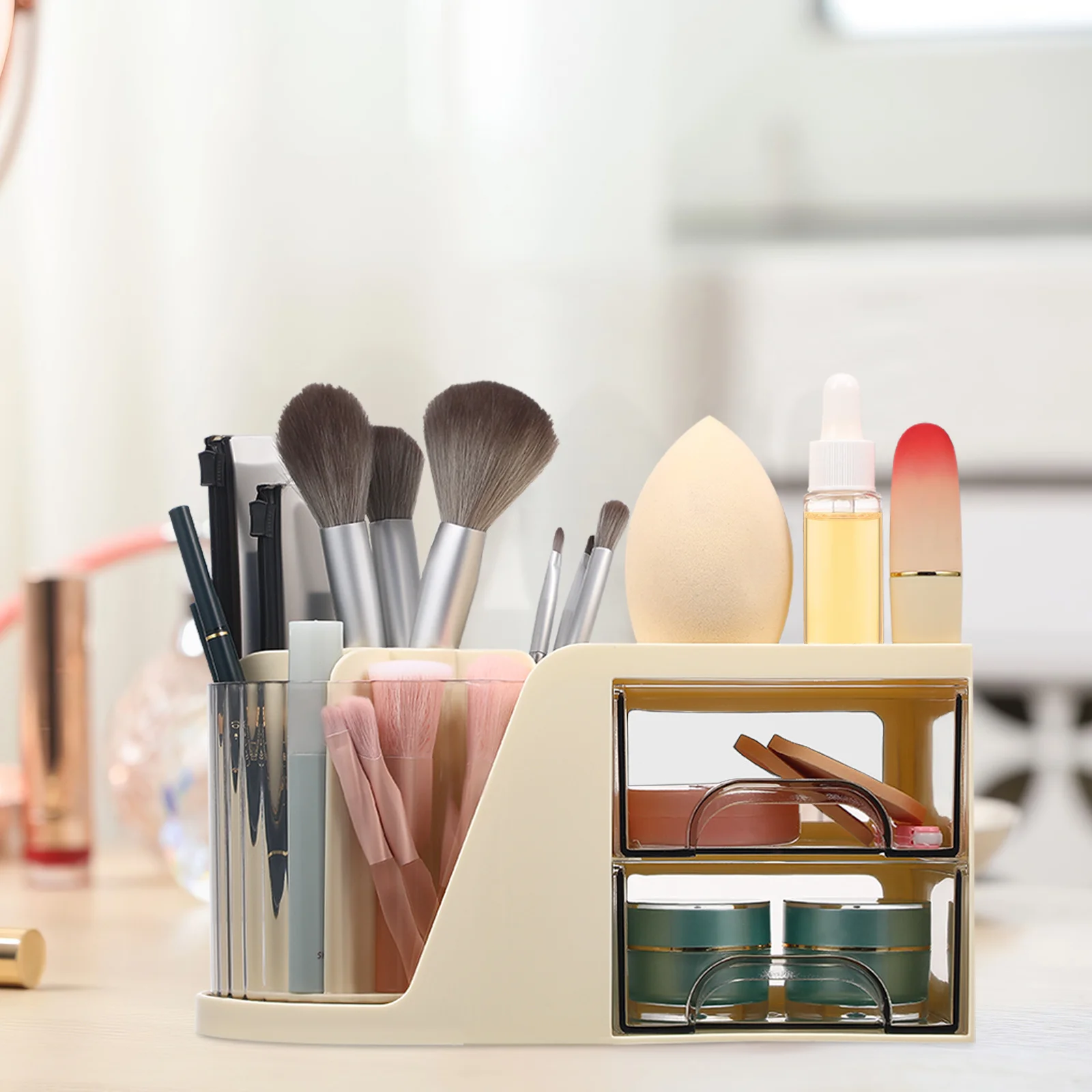 

Desktop Pen Organizer Box Divided Holder Double Drawers Desk Storage Office Supplies Makeup Brush Container Workspace Stationery