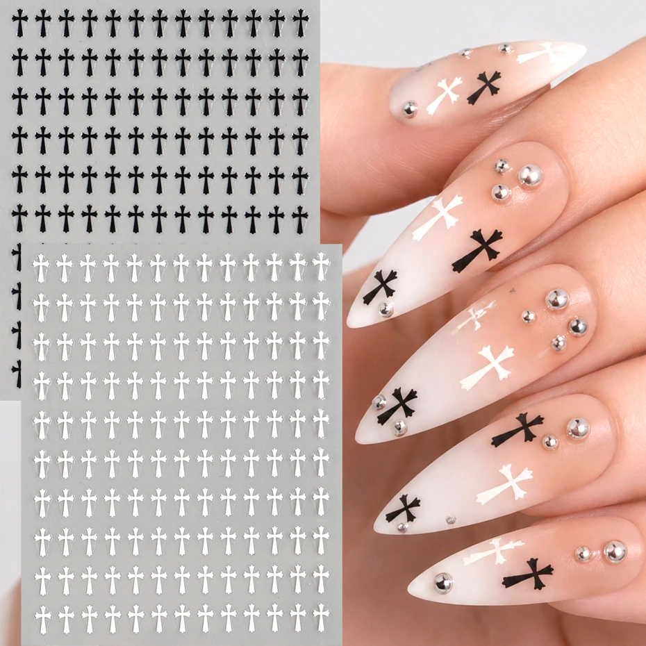 2pcs 3D Black White Crosses Nail Art Stickers Black White Mini Crosses Y2K Style Nail Art Decals Gothic Manicure Decoration Tips