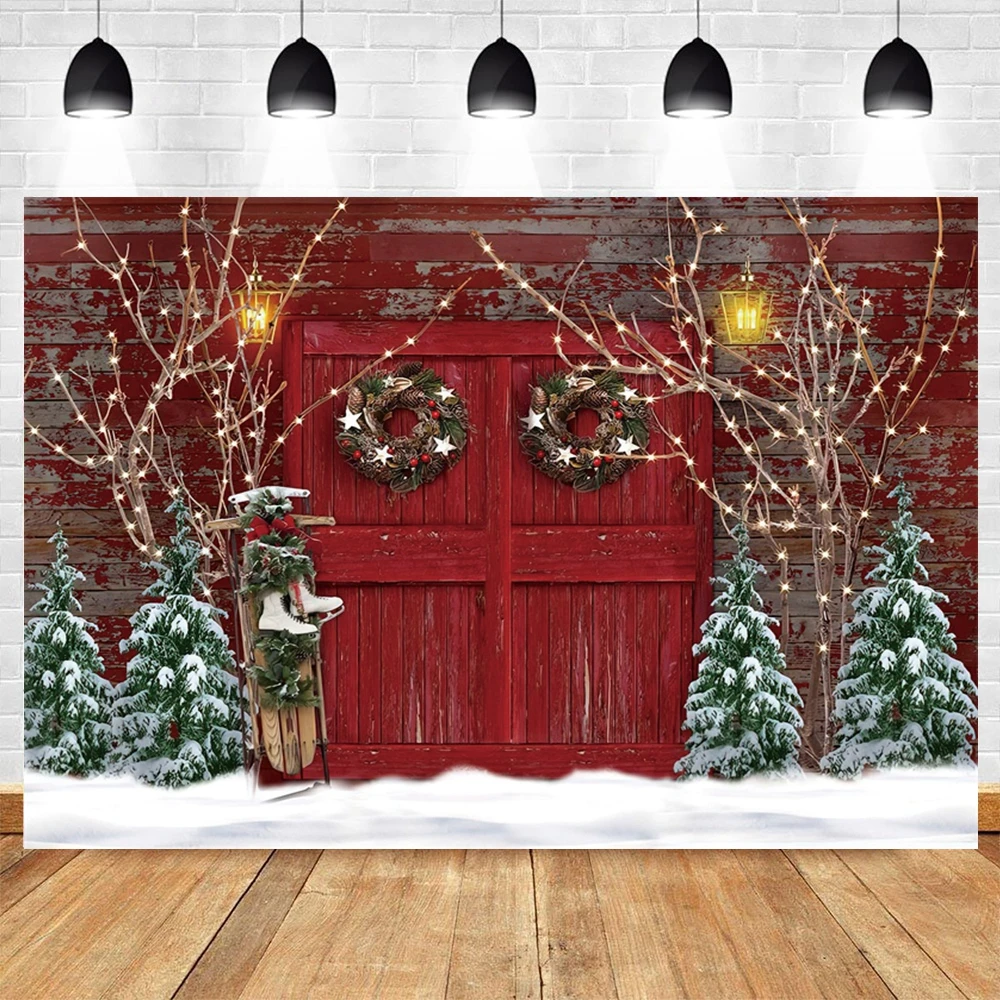 Christmas Backdrop Christmas Barn Wood Door Photography Backdrop Xmas Tree Snow Gift Party Photo Background Family Holiday Decor