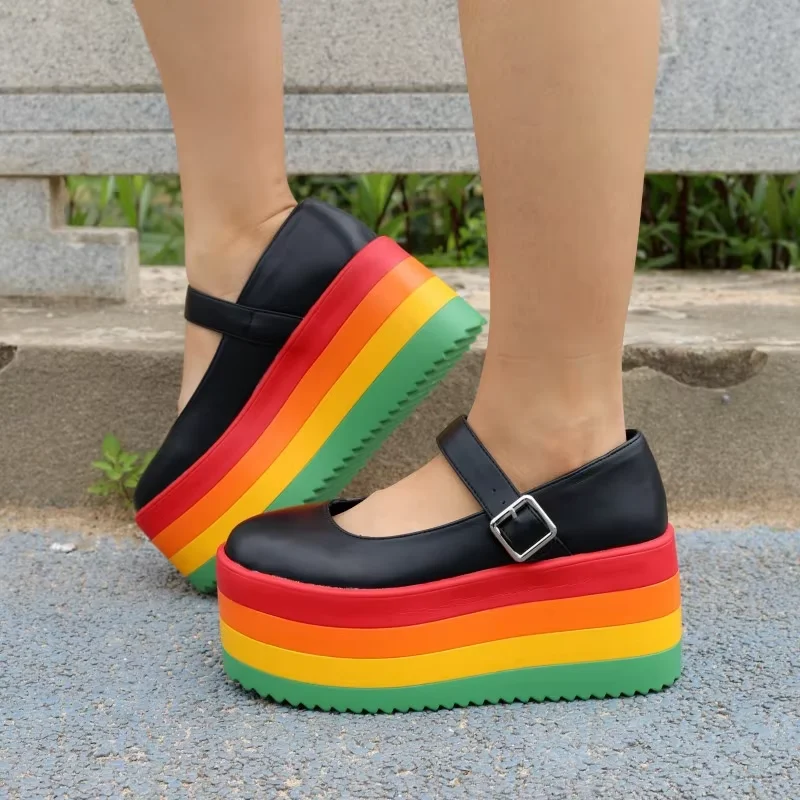 Sweet Mixed Color Rainbow Women Pumps Fashion Chunky Heel Platform Belt Buckle Single Shoes All Match Casual Mary Janes Female