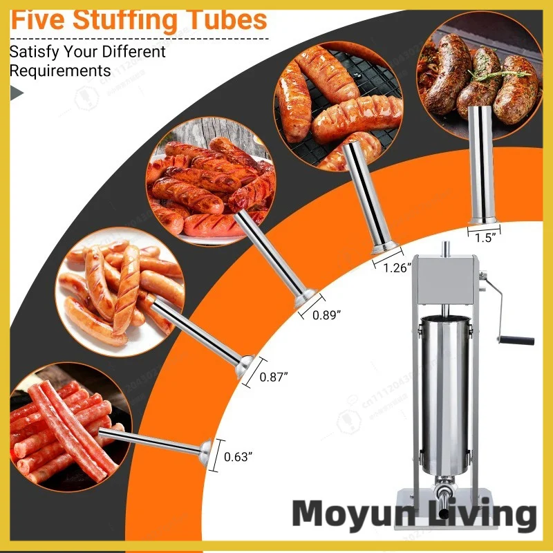 7L Vertical Sausage Stuffer Manual Meat Filler Stainless Steel DIY Sausage Maker with 5 Nozzles for Home Kitchen BBQ