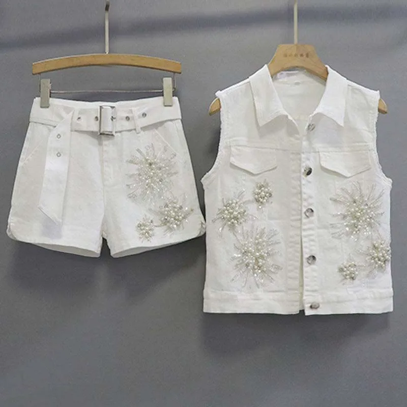 2026 Spring Summer Two piece Women's Denim set Streetwear New Korean version Sequin nail bead Embroidery vest+Shorts Casual wear