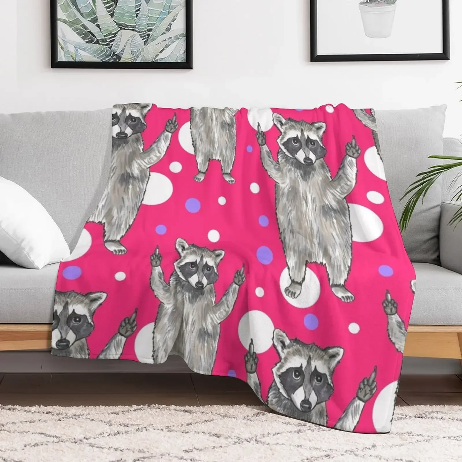 Middle Finger Raccoon Pattern Design Throw Blanket Soft Beds Moving Blankets