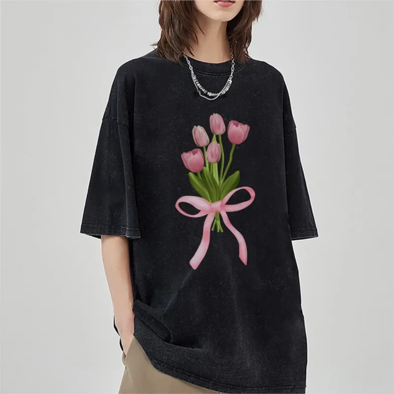

Y2k Flower Printed Women Washed Cotton T-Shirt Pink Bow Tulip Chic Graphic Print Pullover Men's O Neck Oversize Short Sleeve Top