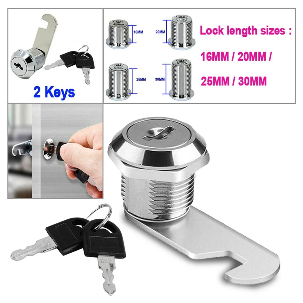 Zinc Alloy Door Lock for Cabinet, Mailbox, Barrel Drawer, Cupboard Locker, Glass Doors, 2 Keys, 16mm, 20mm, 25mm, 30mm