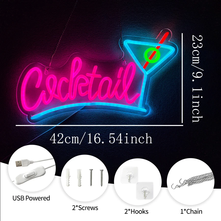 Cocktails Bar Neon Sign,Cocktails LED Neon Lights For Home Bar,Man Cave Decor,USB Martini Lights for Wall Decor Party Bar Pub