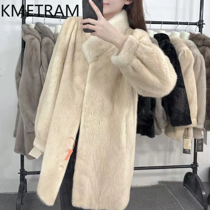 Winter Womens Real Mink Fur Coat New in Outerwears Mid Length Fur Jackets for Women High Quality Clothes 2024 Fourrures Femmes