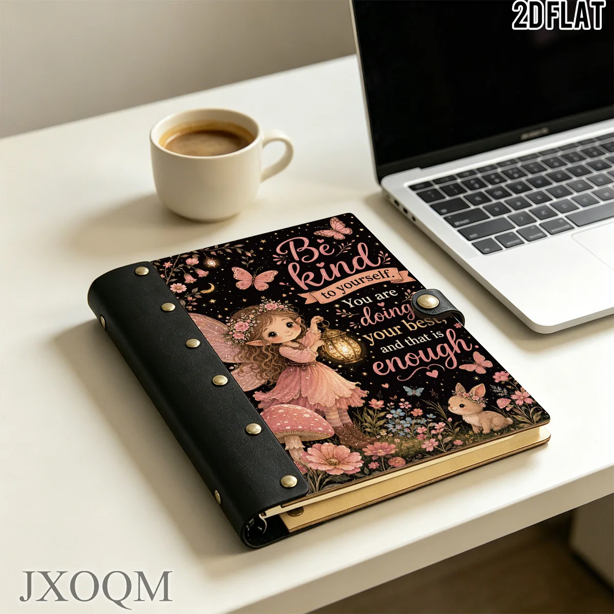 1PC 2DFlat Wooden Notebook, Positive Quote Fairy Butterfly Floral Print, Hardcover,100 Pages With Leather Rivet Craft Decoration