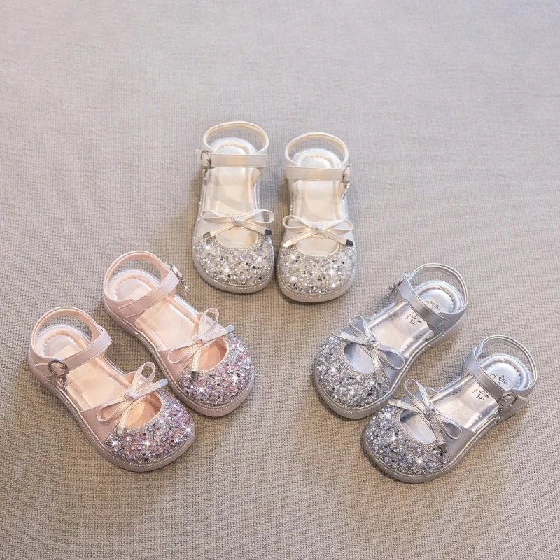 

YUYIN Shiny Sequin Leather Sandals for Toddler Girls 2026 New Summer Children's Beach Shoes Cute Bow Soft Sole Party Shoes