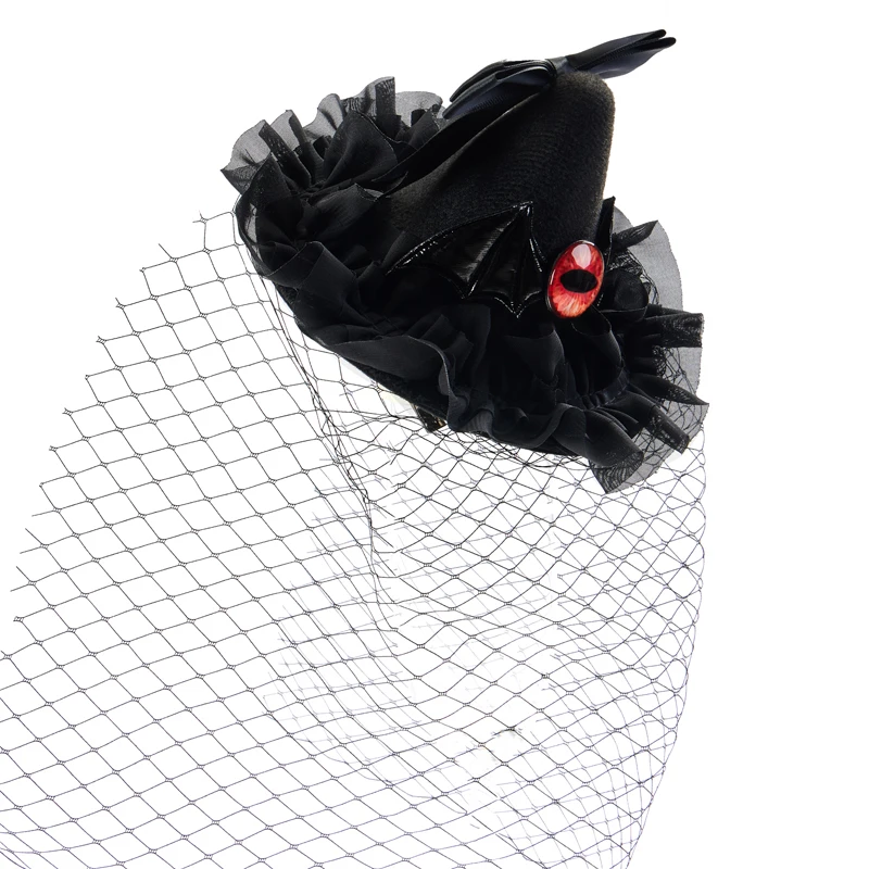 Halloween Witch Hat Evil Eye Bat Wings Mini Pointy Witch Hats with Bowknot Face Veil Fascinator Hair Clips