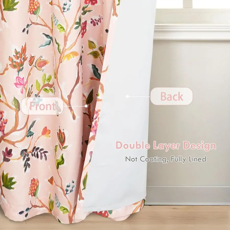 Tende Oscuranti Rosa per Camera da Letto con Motivo Colorato di Rami ad Acquerello, Isolamento Termico, con Occhielli, Set da 2