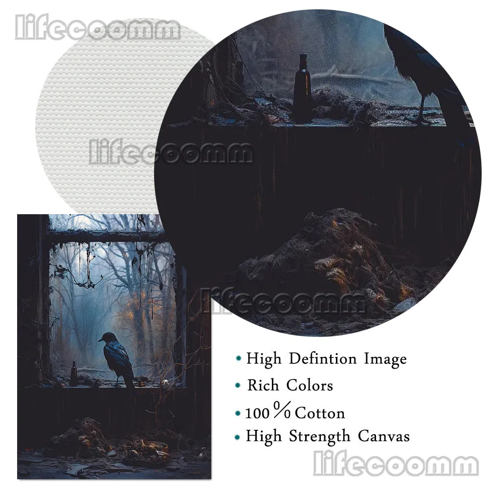 الطيور الطنانة والغربان أمام عتبة النافذة القديمة، لوحة جدارية عتيقة، لوحة قماشية، فن جماليات داكنة، طباعة ملصق، ديكور #6