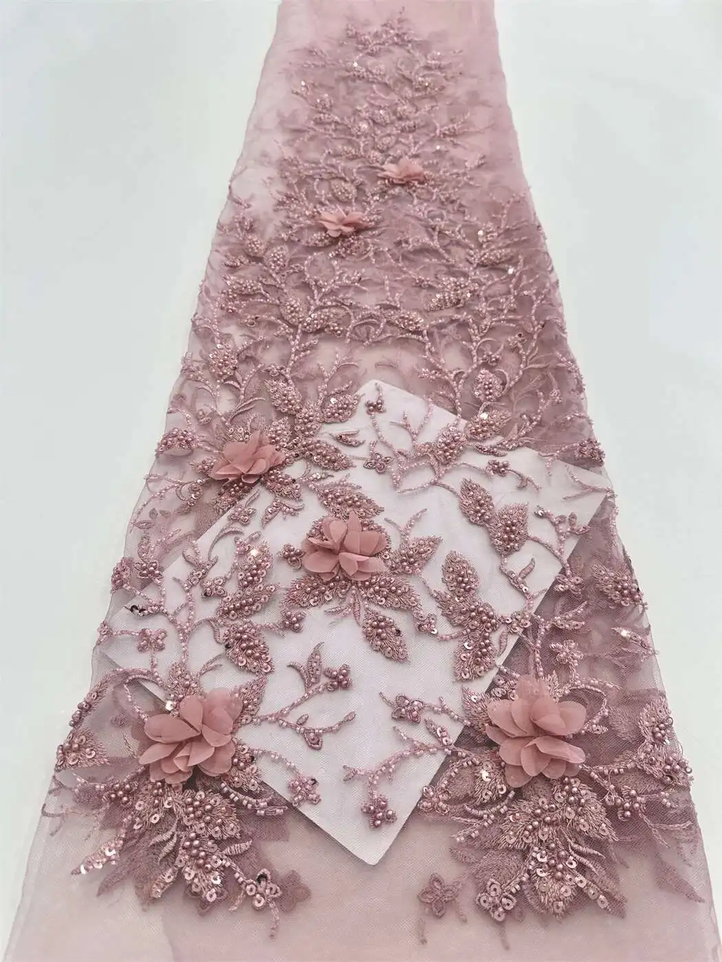 

French Sequin Beaded Pink Fabric Polyester For Sewing Wedding Party Lace Dresses Patchwork Material Tulle Fabric 5 Yards