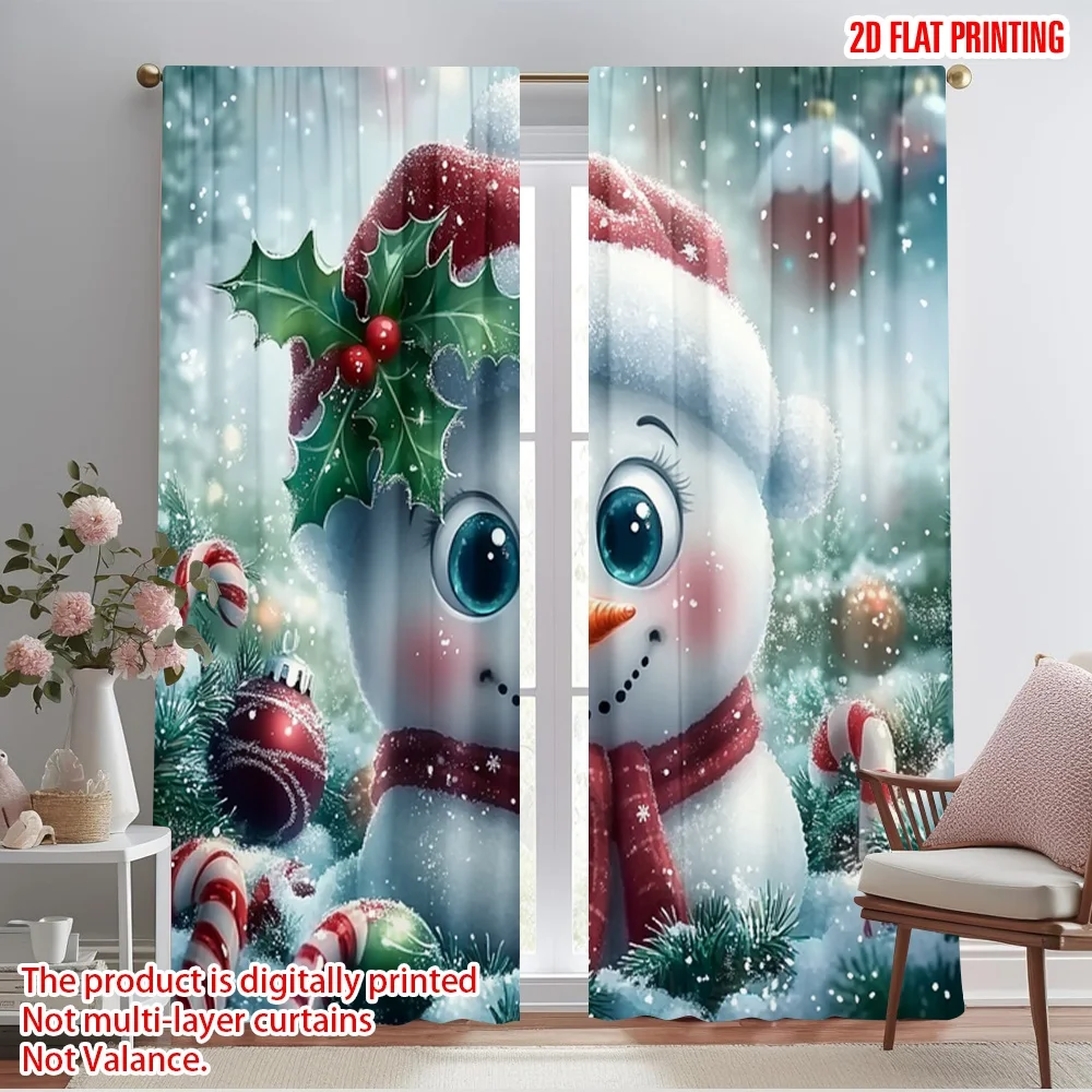 2pcs,2D plane printing Light Filtering Curtains Cute Snowman Christmas Winter Scene (4) Versatile Durable Polyester (without