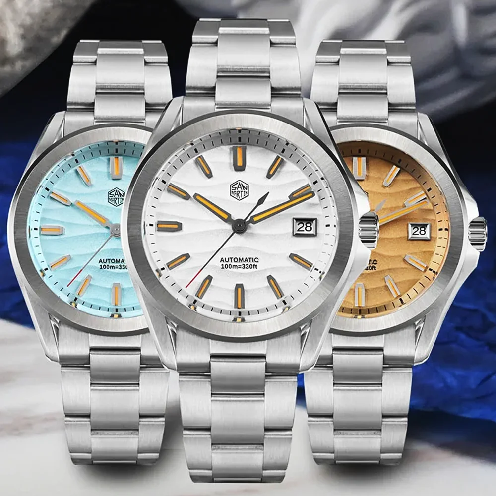 San Martin SN0129 Fashion Mens Dress Watch NH35 Automatic Mechanical Watch Desert Dial Orange Luminous 100M Waterproof Watches