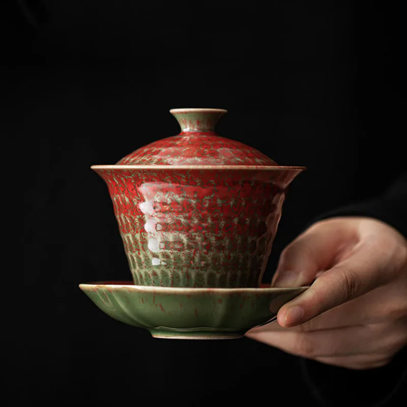 Red Kiln Glaze Ceramic Gaiwan, Single Cup Household Kung Fu Tea Set, Non-Scald Brewing Bowl, Tea Making Device, Meeting Guests