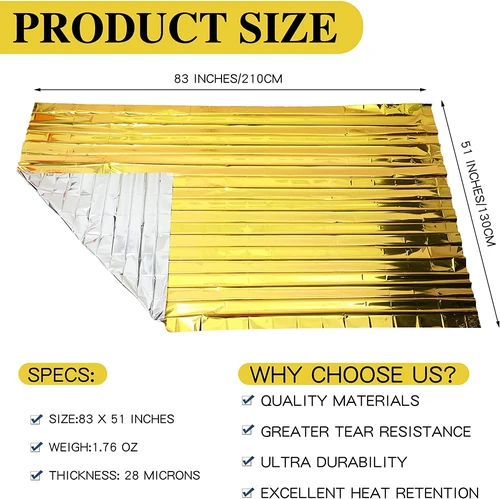 Imagen 2 del producto Manta de supervivencia dorada y plateada de emergencia para exteriores, cortina de rescate de primeros auxilios impermeable, manta militar térmica de 130x210cm