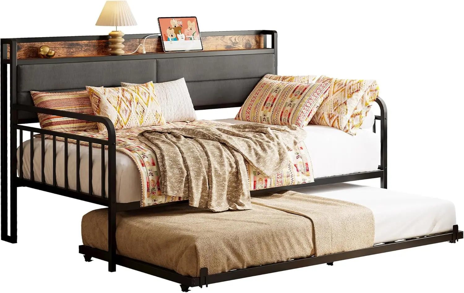 Daybed with Trundle, Metal Twin Bed Frame, Upholstered Headboard, Charging Station, Black