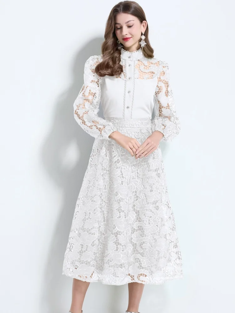 

High-End New Spring Two Piece Sets For Women Stand Collar Lantern Sleeve Tops High Waist A Line Lace Skirt Outfits Female