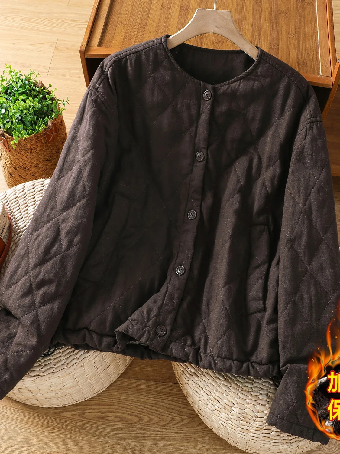 

Retro Flax Cotton Quilted Diamond Pattern Women's Winter Loose Warm Thin Home Cotton Jaet Outerwear Long Sve round Ne